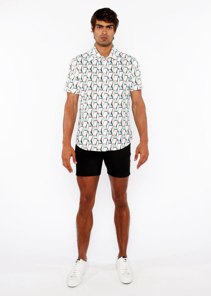 STALK/OCHRE 3D BOXES PRINTED OPEN KNIT STRETCH SHORT SLEEVE SHIRT ST-4