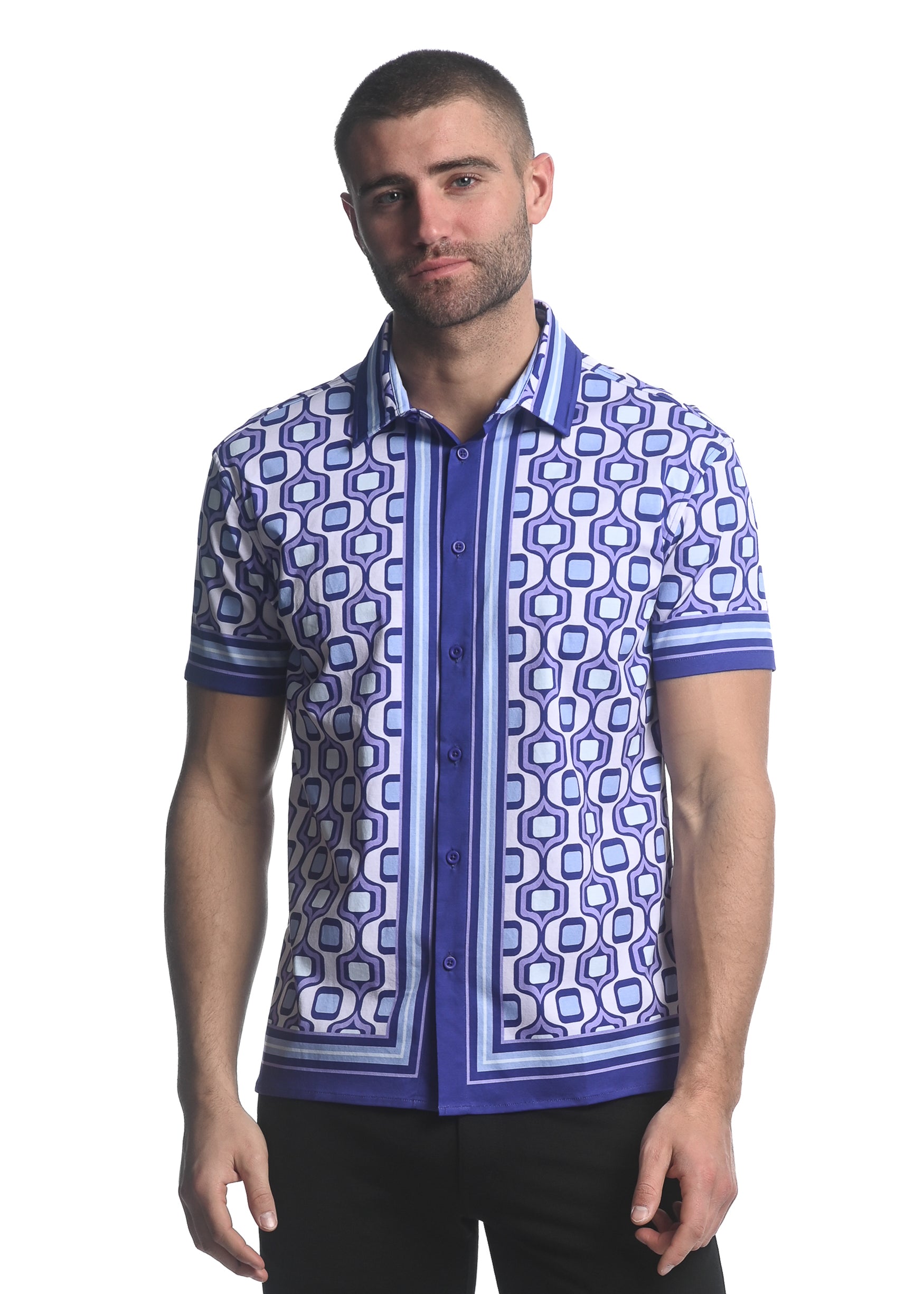 PURPLE/ PERIWINKLE TOPS PRINTED JERSEY KNIT BORDER SHORT SLEEVE SHIRT