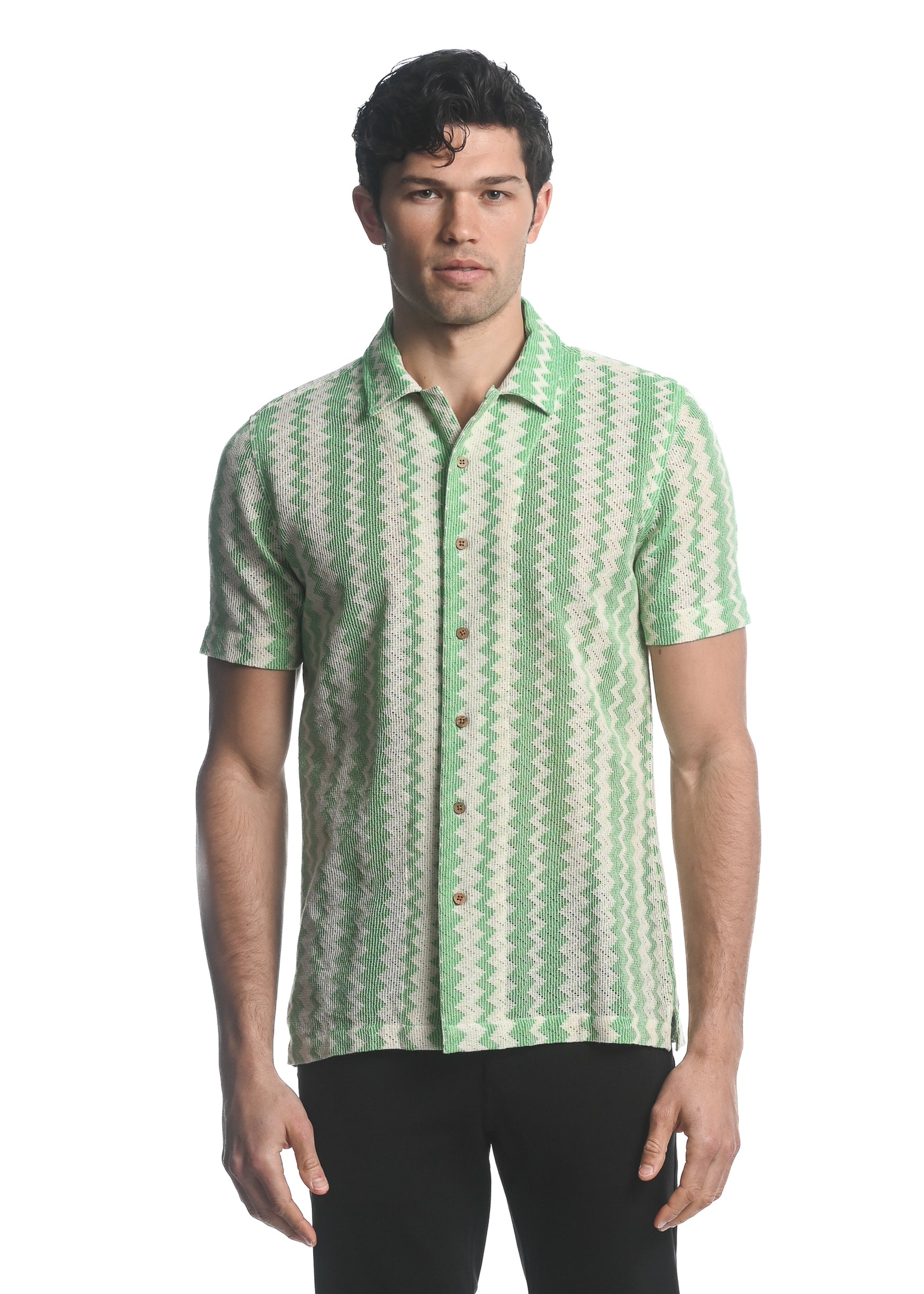 Mint/Natural Chevron Open Knit Gossamer Short Sleeve Shirt