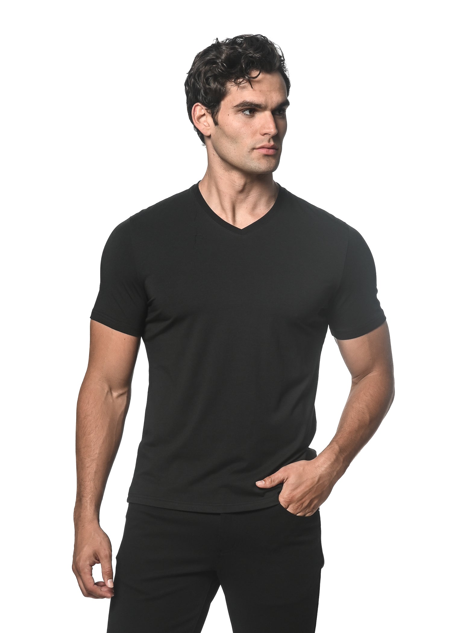Black V-Neck Short Sleeve Jersey T-Shirt