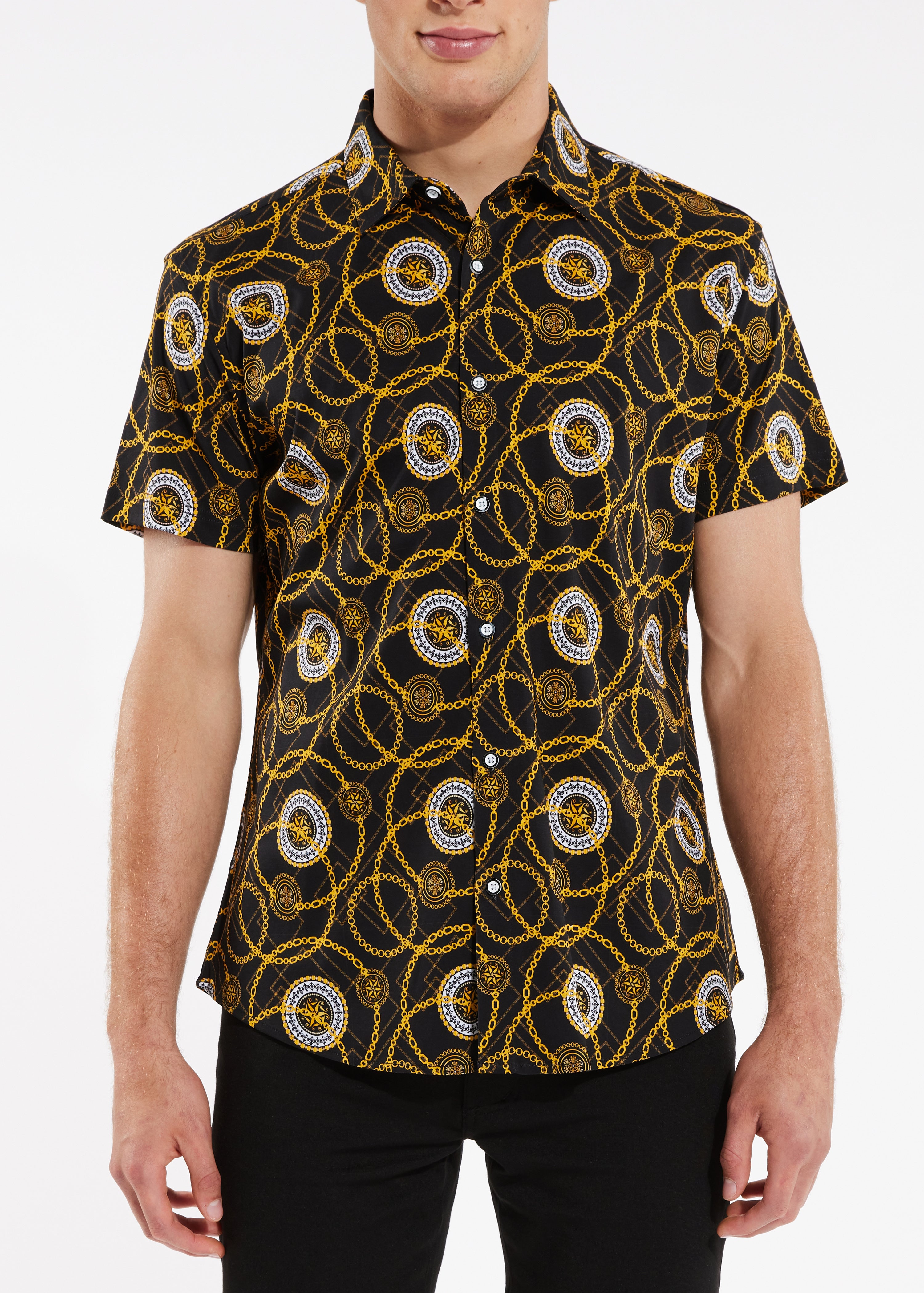 Long Sleeve Button Front Woven Shirt - Black Gold Combo