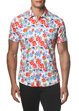 RED/TEAL FLORAL STRETCH JERSEY KNIT SHORT SLEEVE SHIRT ST-9250