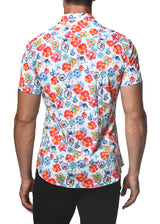 RED/TEAL FLORAL STRETCH JERSEY KNIT SHORT SLEEVE SHIRT ST-9250