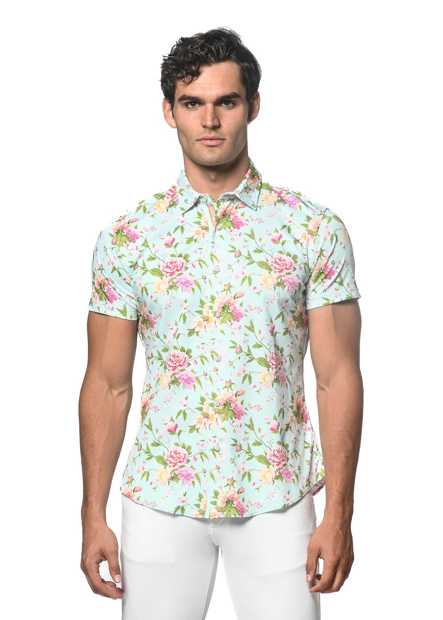 Arctic/Azalea Floral Printed Stretch Jersey Knit Short Sleeve Shirt