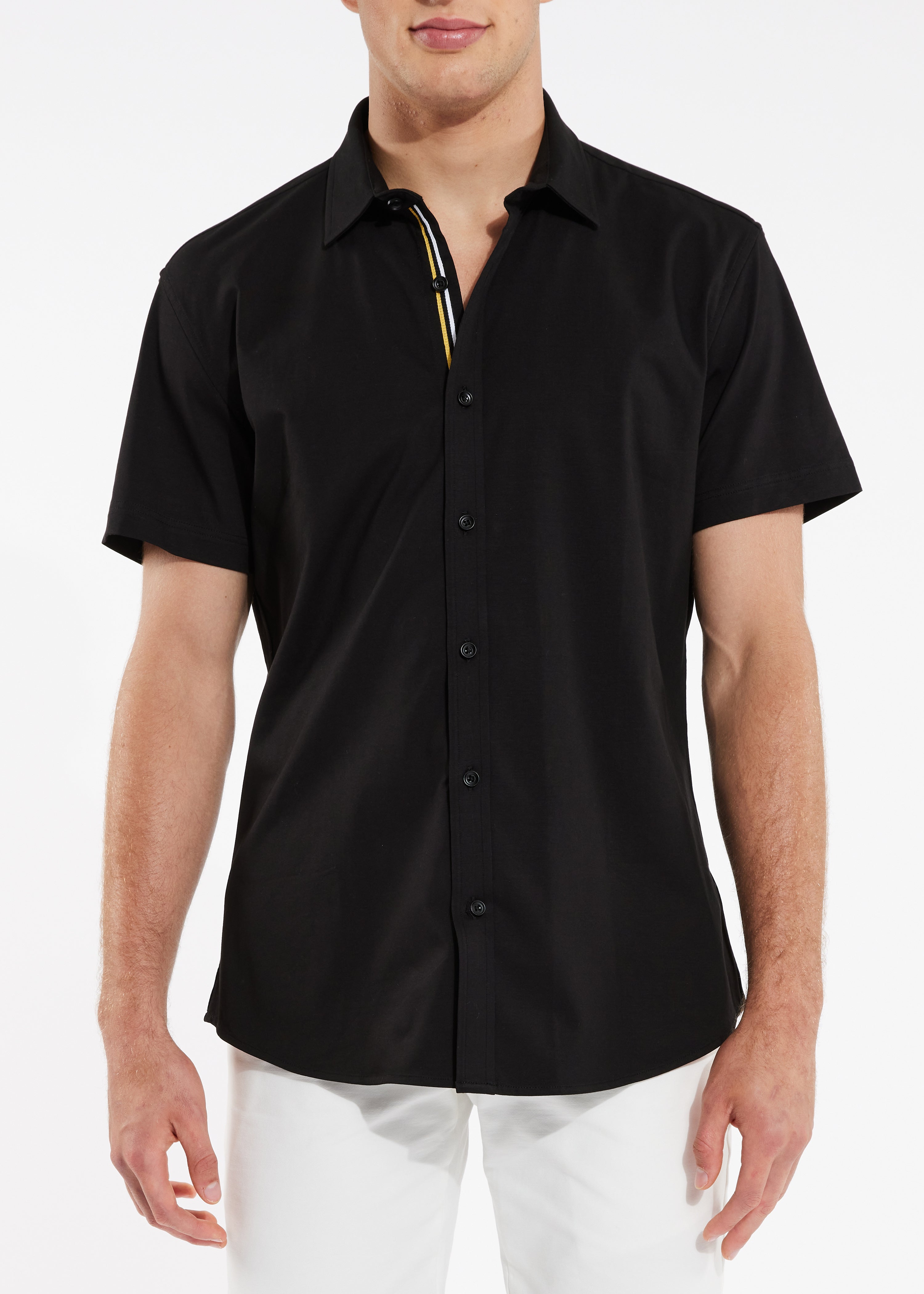 BLACK SOLID KNIT STRETCH SHORT SLEEVE SHIRT W/ PLACKET TAPE DETAIL ST- BLACK SOLID KNIT STRETCH SHORT SLEEVE SHIRT W/ PLACKET TAPE DETAIL ST-