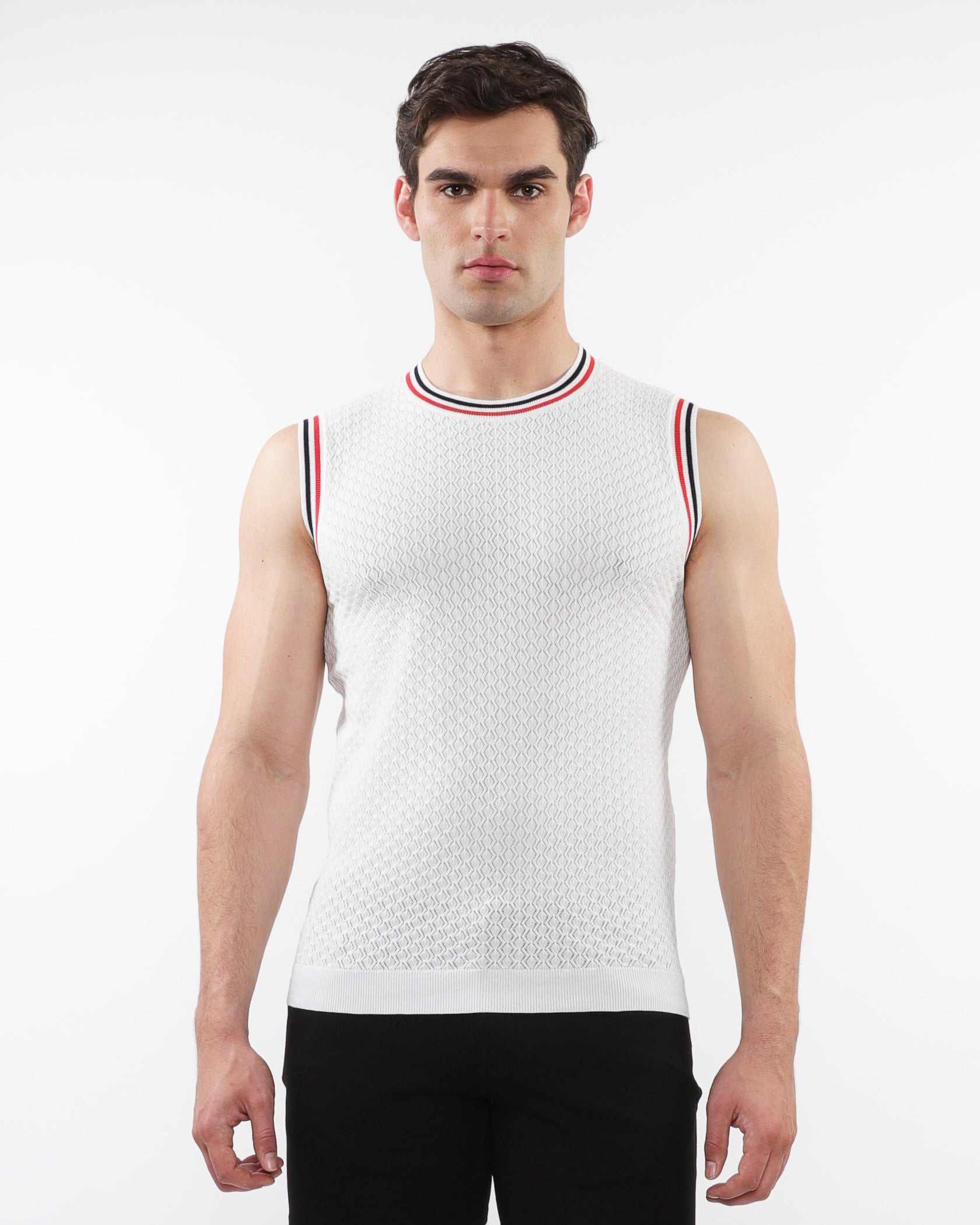 Off White Textured Open Mesh Vest w/ Rib