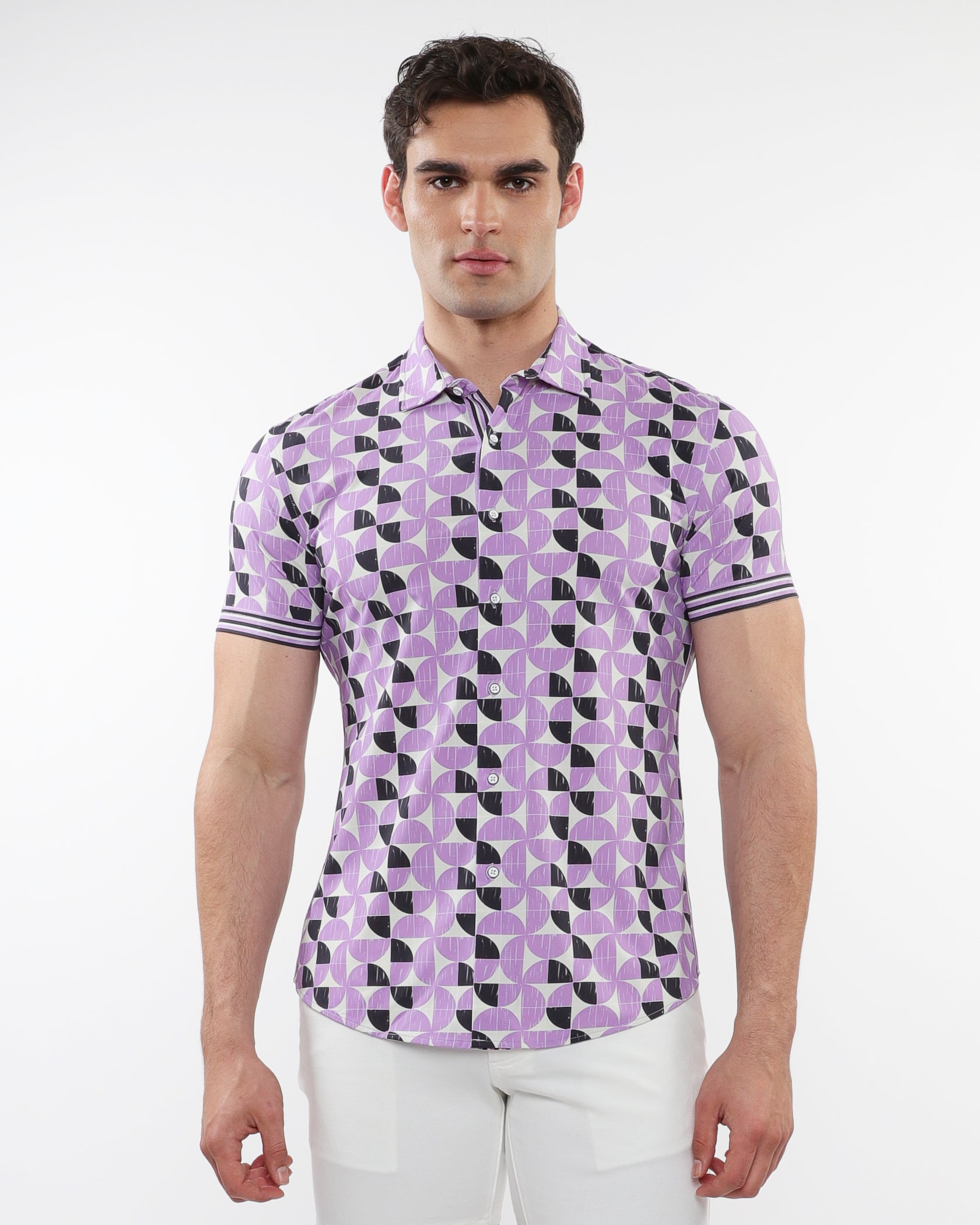 type O square pastel lavender　stina PURPLE/BLACK CIRCLES PRINTED PERFORMANCE SHORT SLEEVE SHIRT