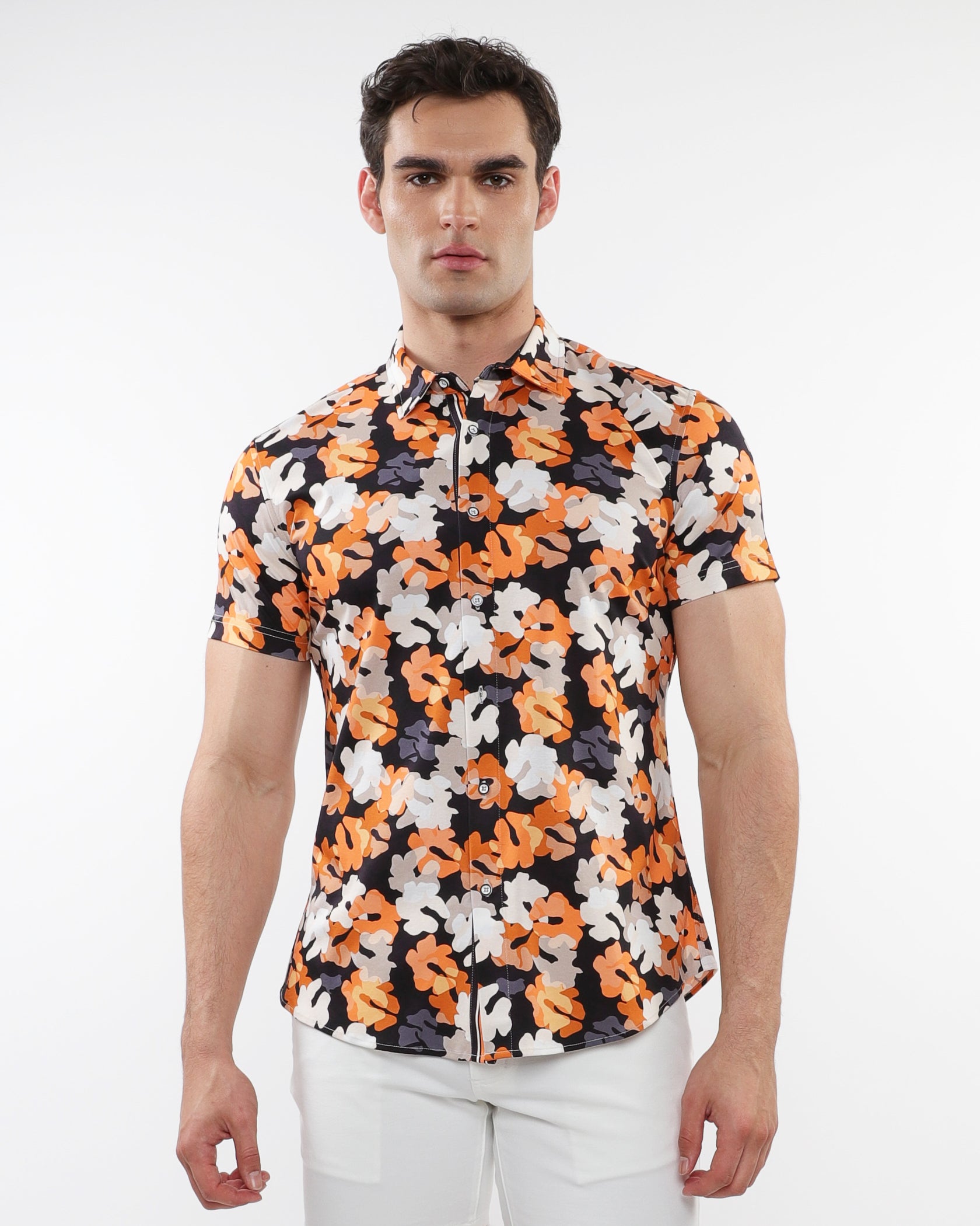 GREY/ORANGE FLORAL PRINTED COTTON KNIT JERSEY SHORT SLEEVE