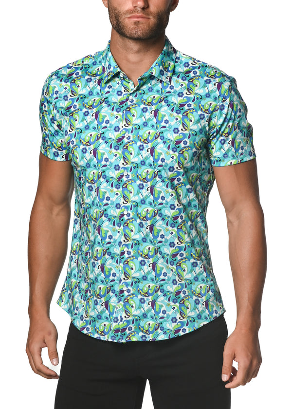 TEAL/PURPLE FLORAL STRETCH JERSEY KNIT SHORT SLEEVE SHIRT  ST-9264