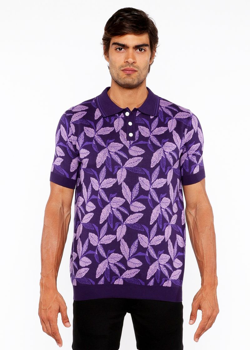 Lilac/Purple Leaves 3-Button Jacquard Polo