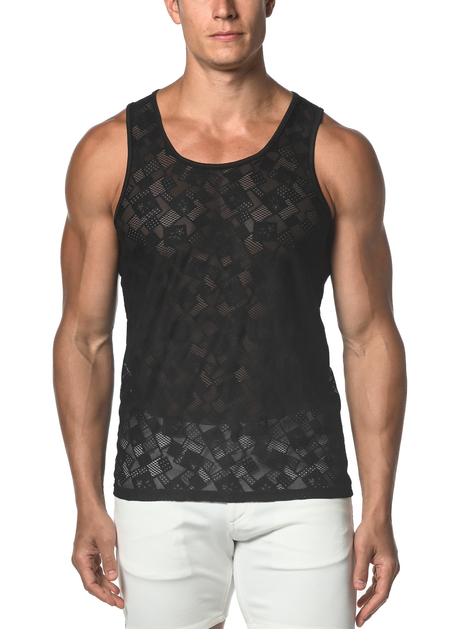 BLACK SQUARES STRETCH GOSSAMER LACE TANK TOP ST-25006