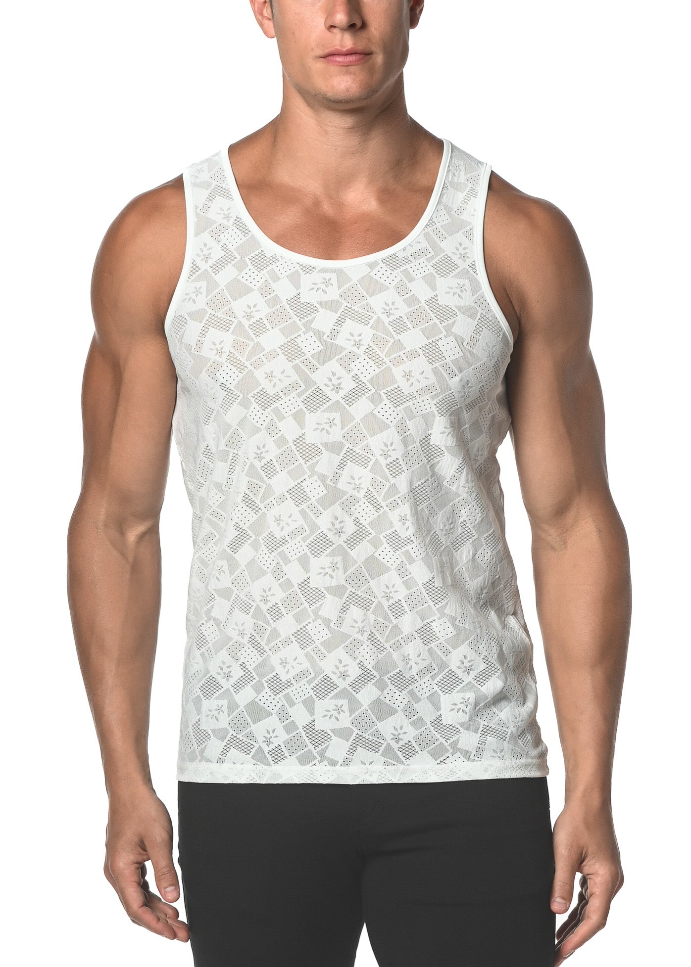 WHITE SQUARES STRETCH GOSSAMER LACE TANK TOP ST-25006