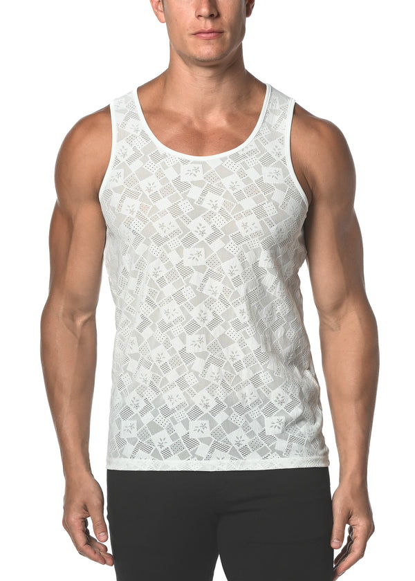 WHITE SQUARES STRETCH GOSSAMER LACE TANK TOP  ST-25006