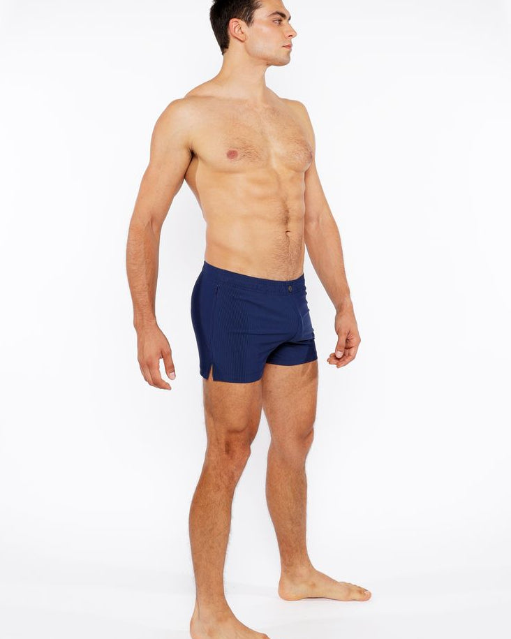 NAVY PINSTRIPE SWIM SHORT W/MESH BRIEF LINING ST-8024-07