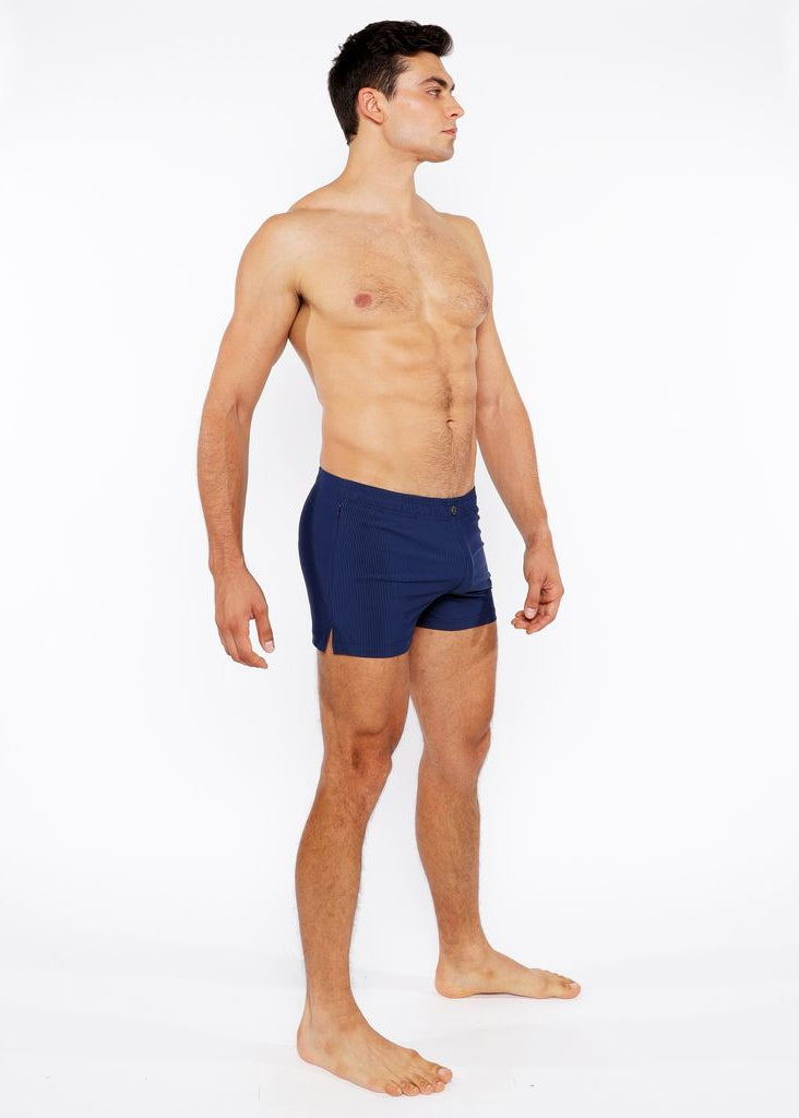 NAVY PINSTRIPE SWIM SHORT W/MESH BRIEF LINING ST-8024-07