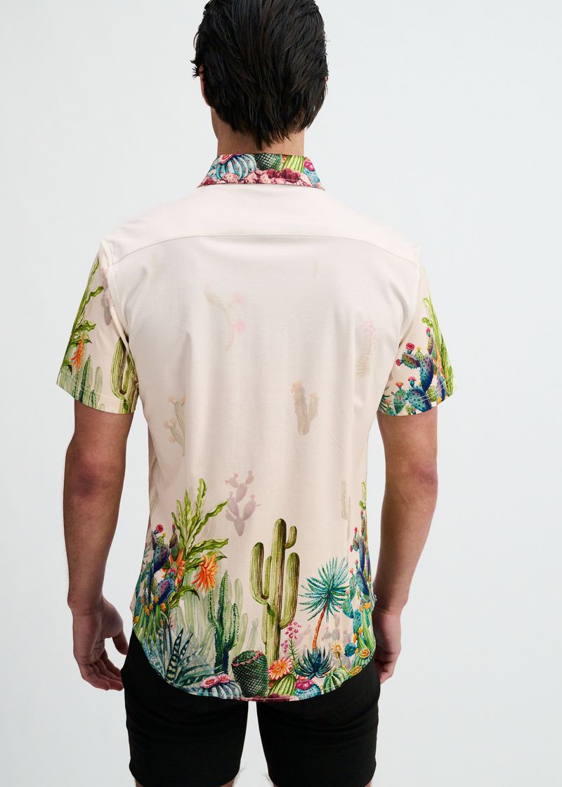SORBET/GREEN CACTUS ENGINEERED BORDER PRINT COTTON KNIT JERSEY SHORT SLEEVE SHIRT ST-9354