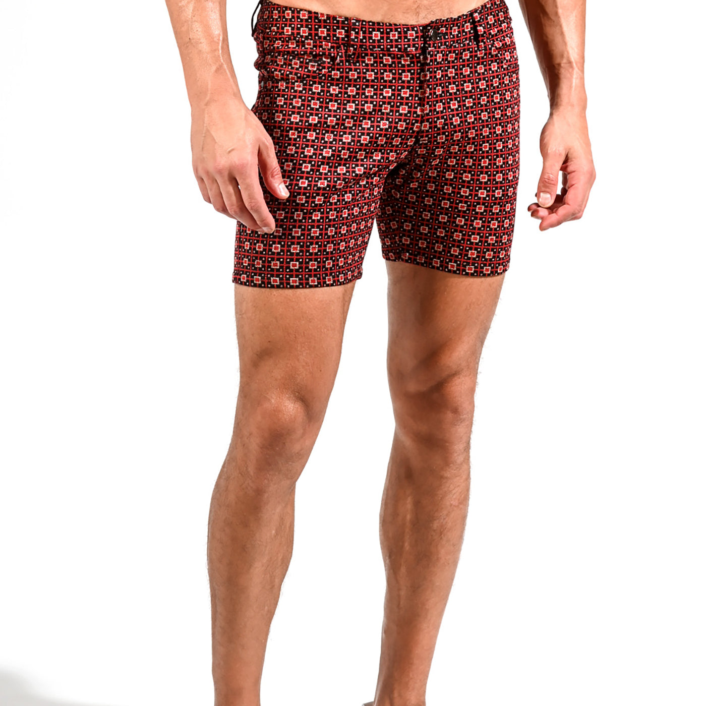 RED/BLACK SQUARE BOX TEXTURED BROCADE 5" KNIT STRETCH SHORTS ST-1932 Final Sale