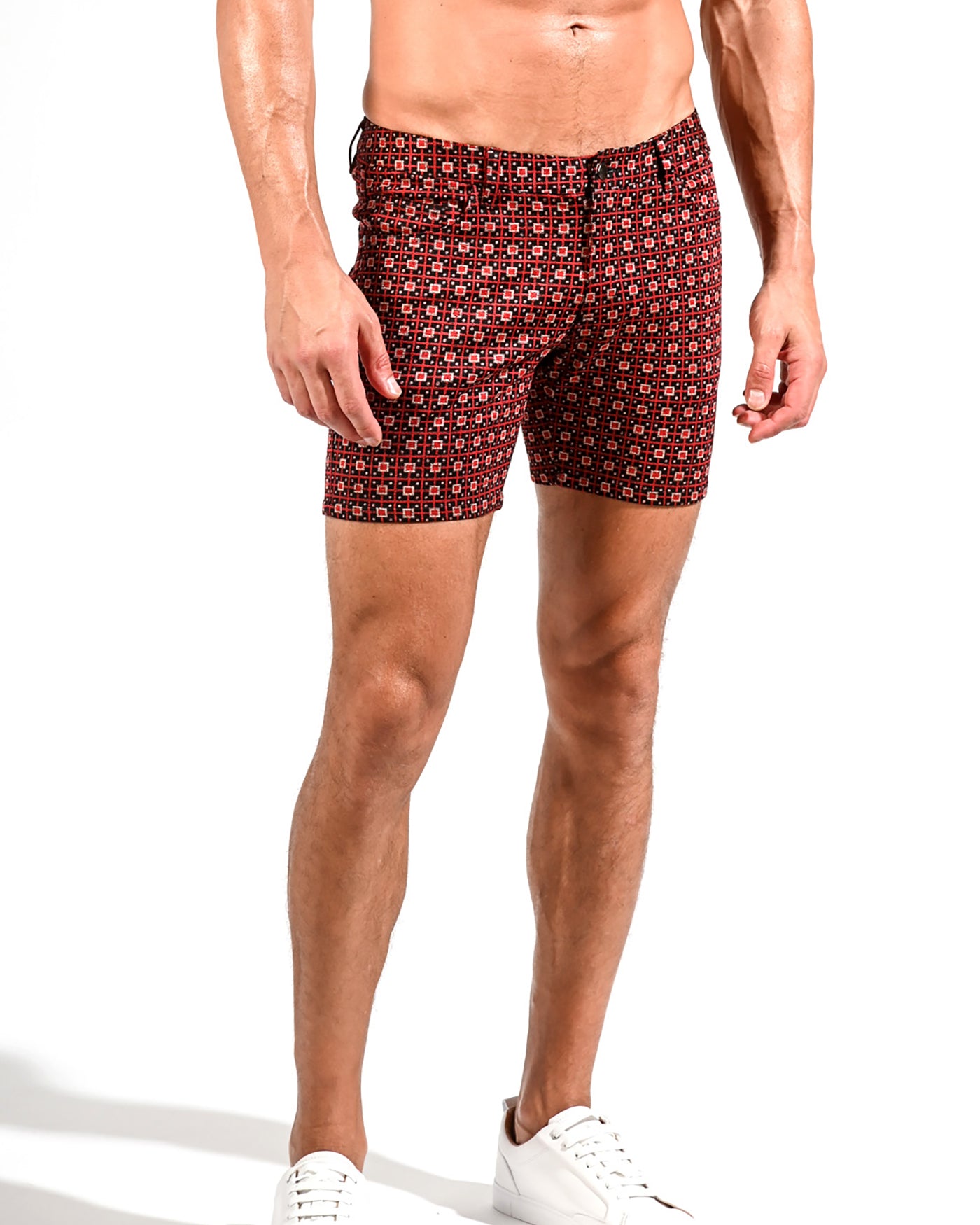 RED/BLACK SQUARE BOX TEXTURED BROCADE 5" KNIT STRETCH SHORTS ST-1932 Final Sale