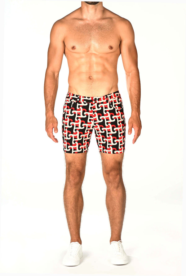 RED/BLACK GEO ABSTRACT 5" INSEAM KNIT SHORTS ST-1932 Final Sale