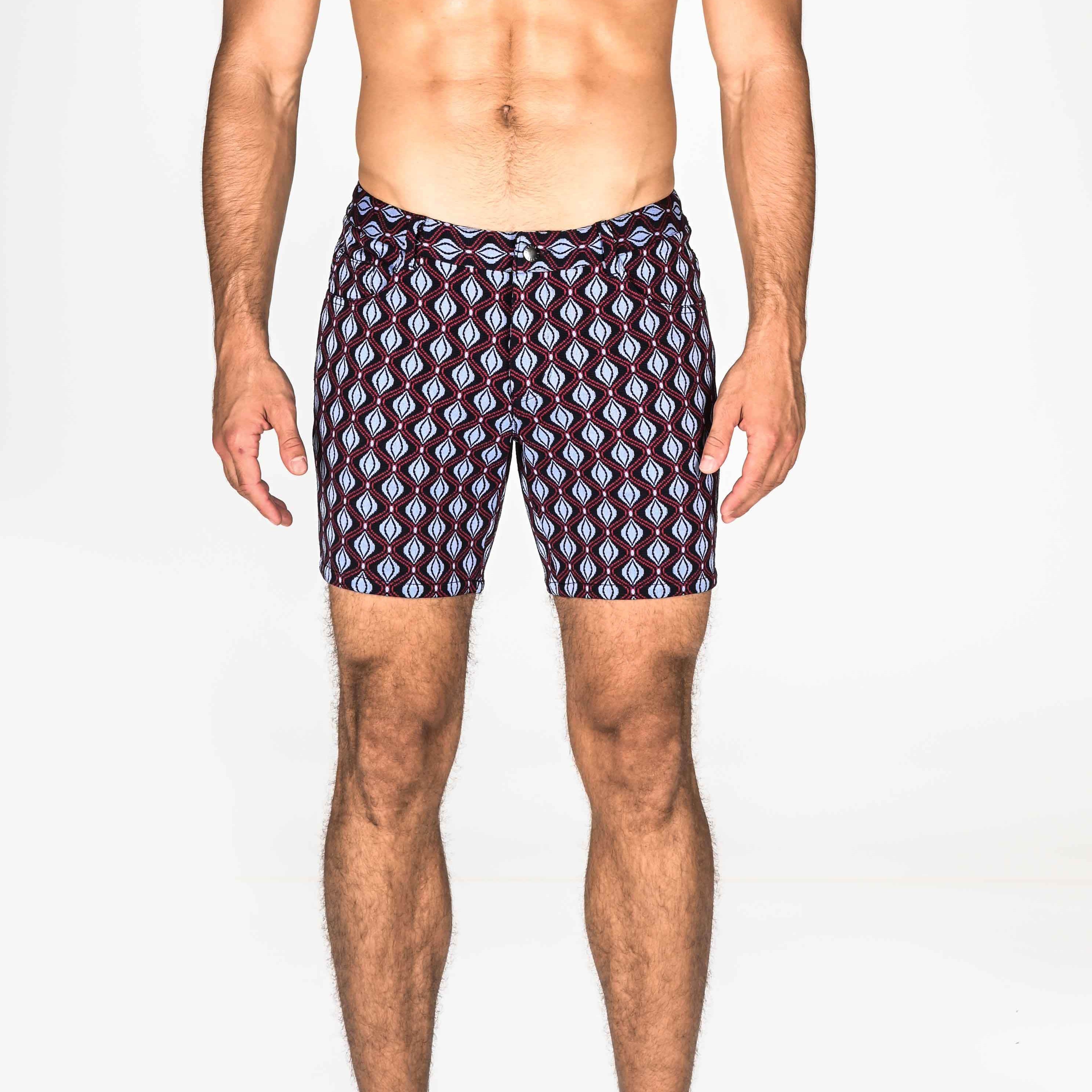 RED/NAVY SWIRLS JACQUARD KNIT STRETCH SHORTS ST-1932 Final Sale