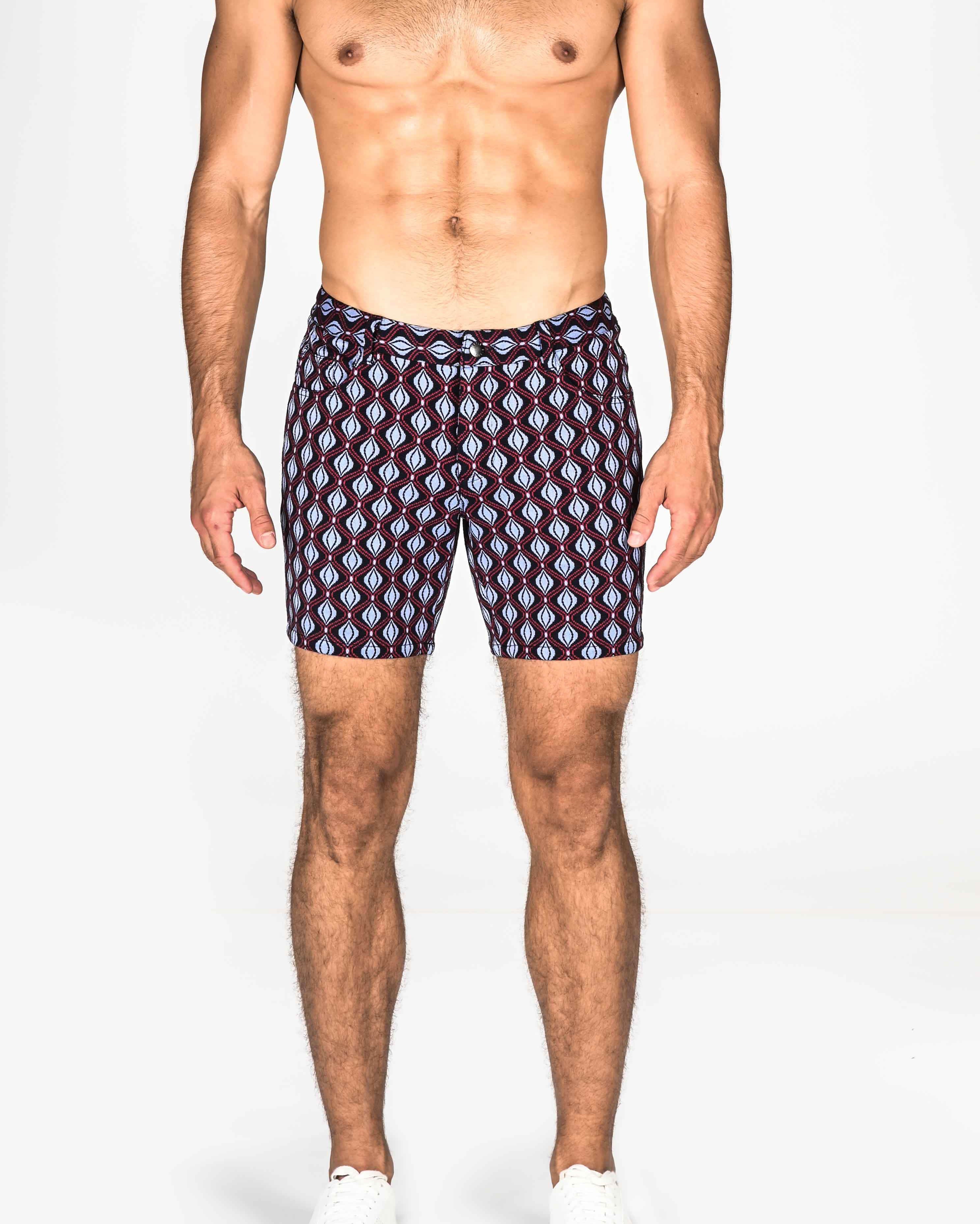 RED/NAVY SWIRLS JACQUARD KNIT STRETCH SHORTS ST-1932 Final Sale
