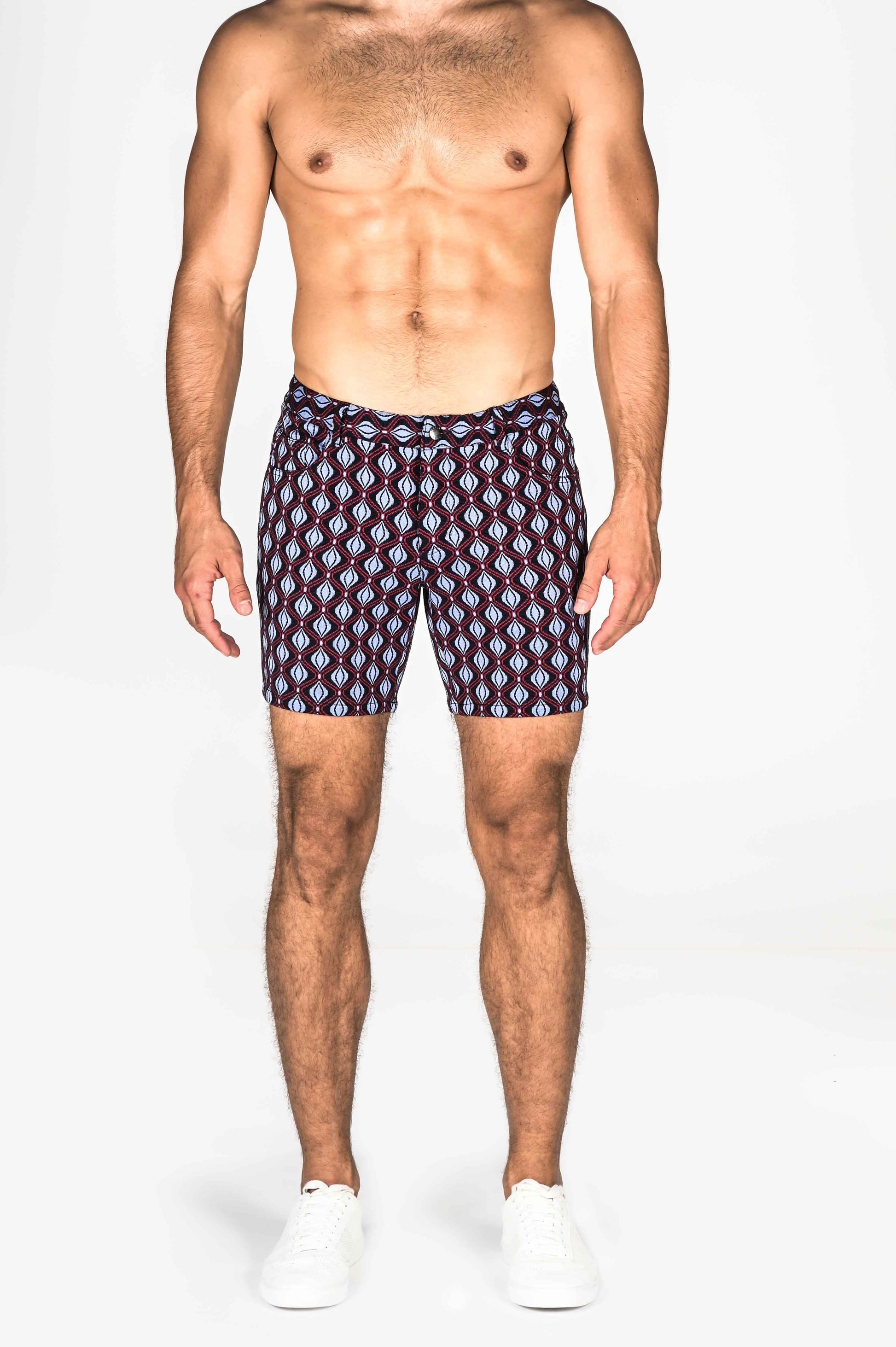 RED/NAVY SWIRLS JACQUARD KNIT STRETCH SHORTS ST-1932 Final Sale