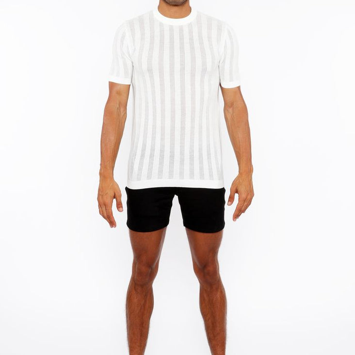 WHITE TEXTURED KNITTED CREW TEE ST-24304