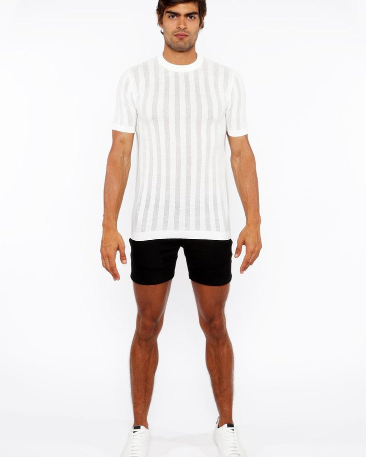 WHITE TEXTURED KNITTED CREW TEE ST-24304