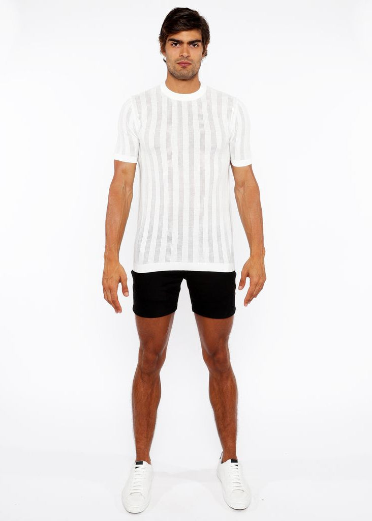 WHITE TEXTURED KNITTED CREW TEE ST-24304
