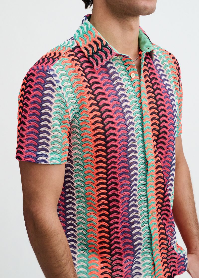 GELATO/FUCHSIA VERTICAL ARROW STRIPE OPEN KNIT SHORT SLEEVE SHIRT ST-24072