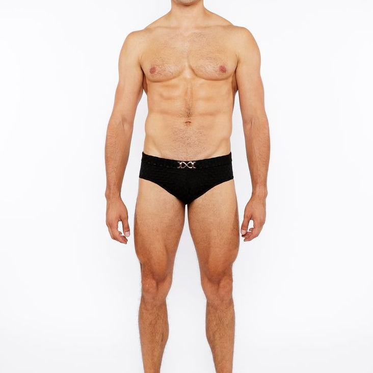 BLACK HEXAGON TEXTURED SWIM BRIEF W/BUCKLE ST-8021-02