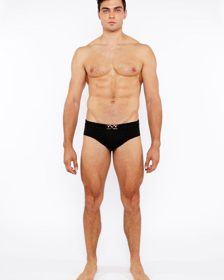 BLACK HEXAGON TEXTURED SWIM BRIEF W/BUCKLE ST-8021-02
