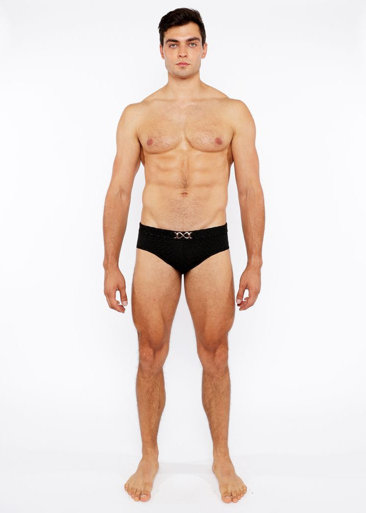 BLACK HEXAGON TEXTURED SWIM BRIEF W/BUCKLE ST-8021-02