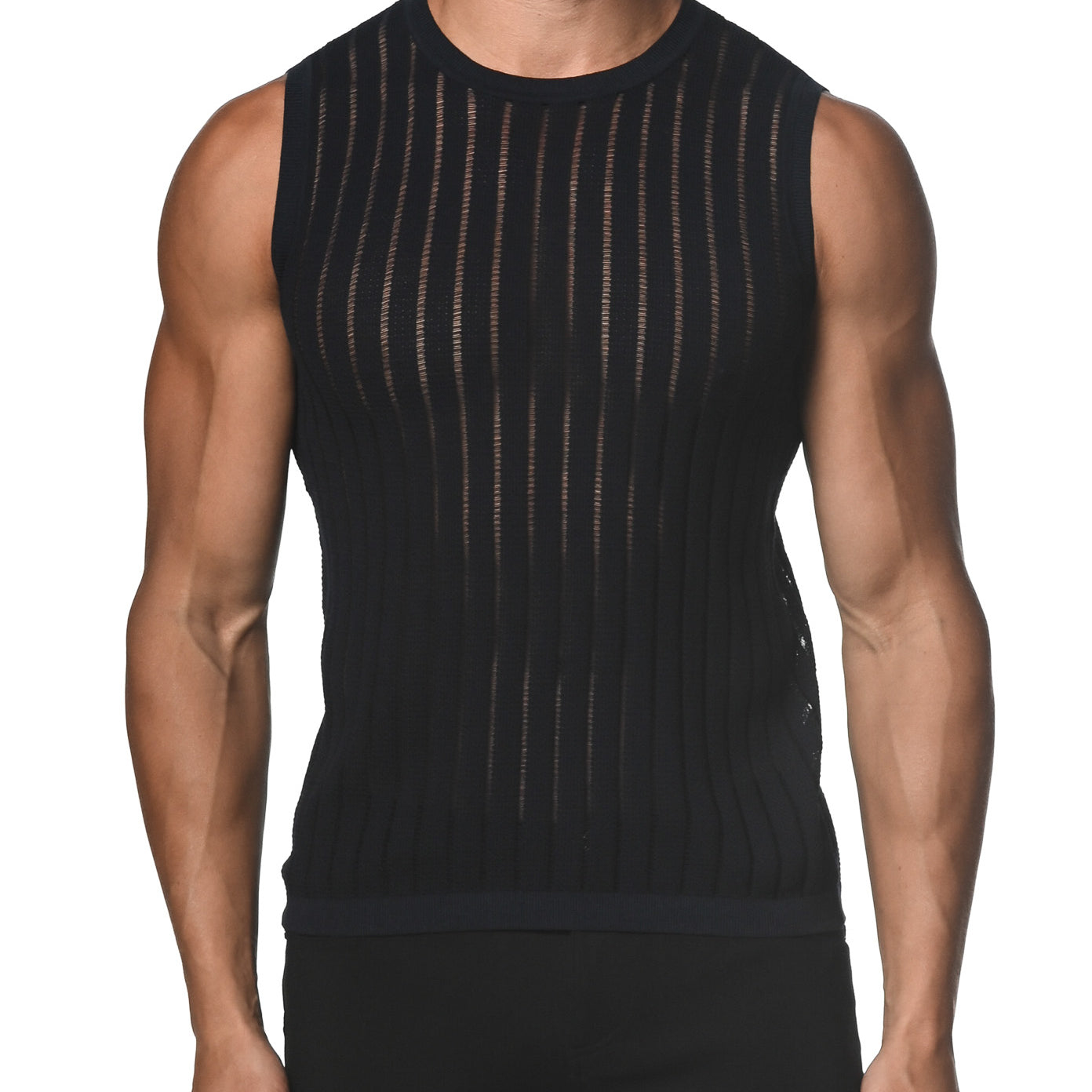 NAVY SHEER VERTICAL STRIPE TEXTURED KNITTED VEST  ST-24018