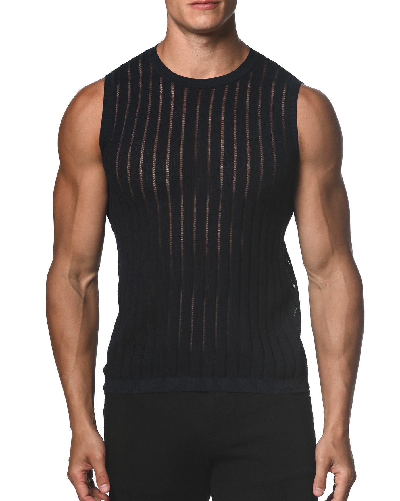 NAVY SHEER VERTICAL STRIPE TEXTURED KNITTED VEST  ST-24018