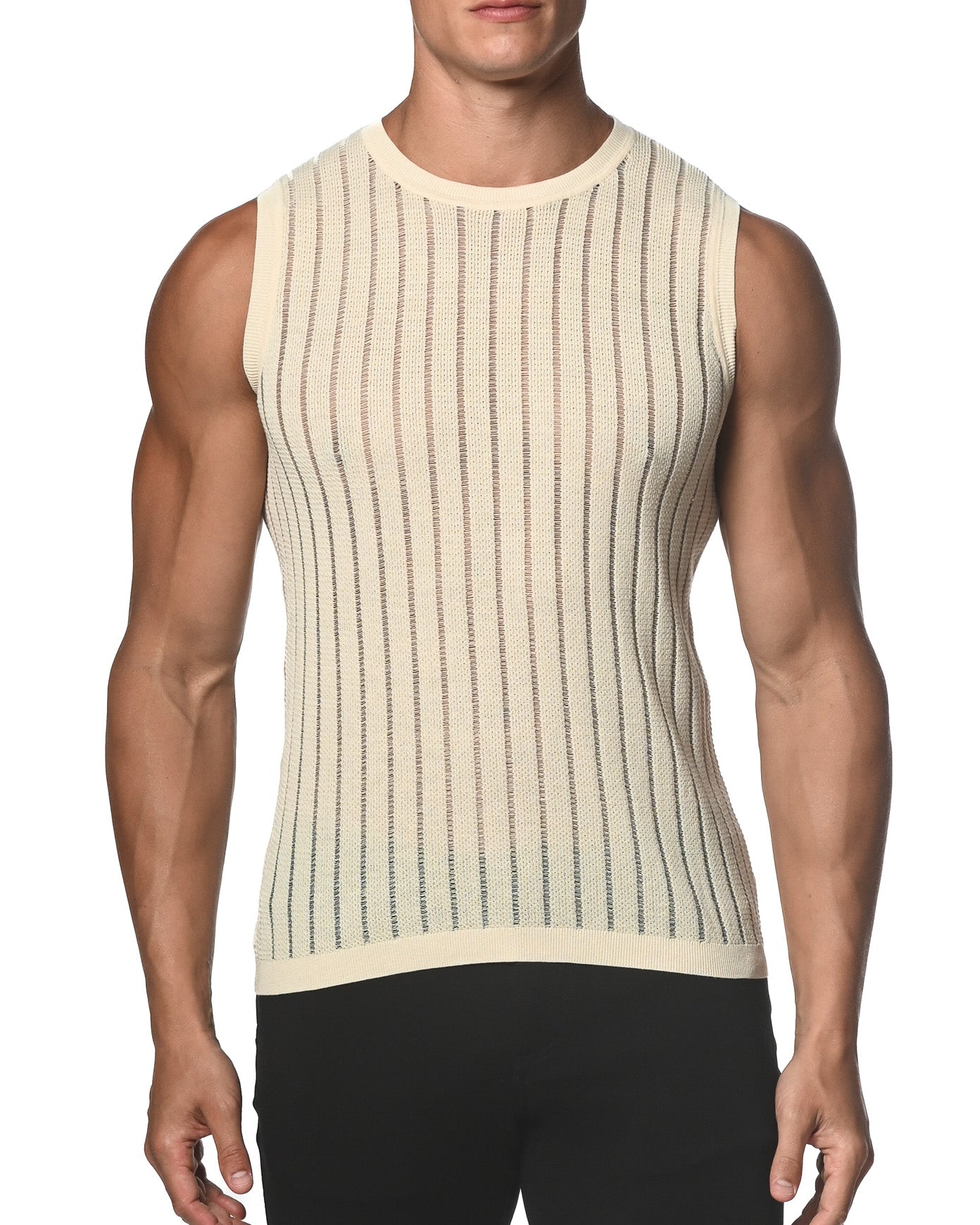 SAND SHEER VERTICAL STRIPE TEXTURED KNITTED VEST  ST-24018