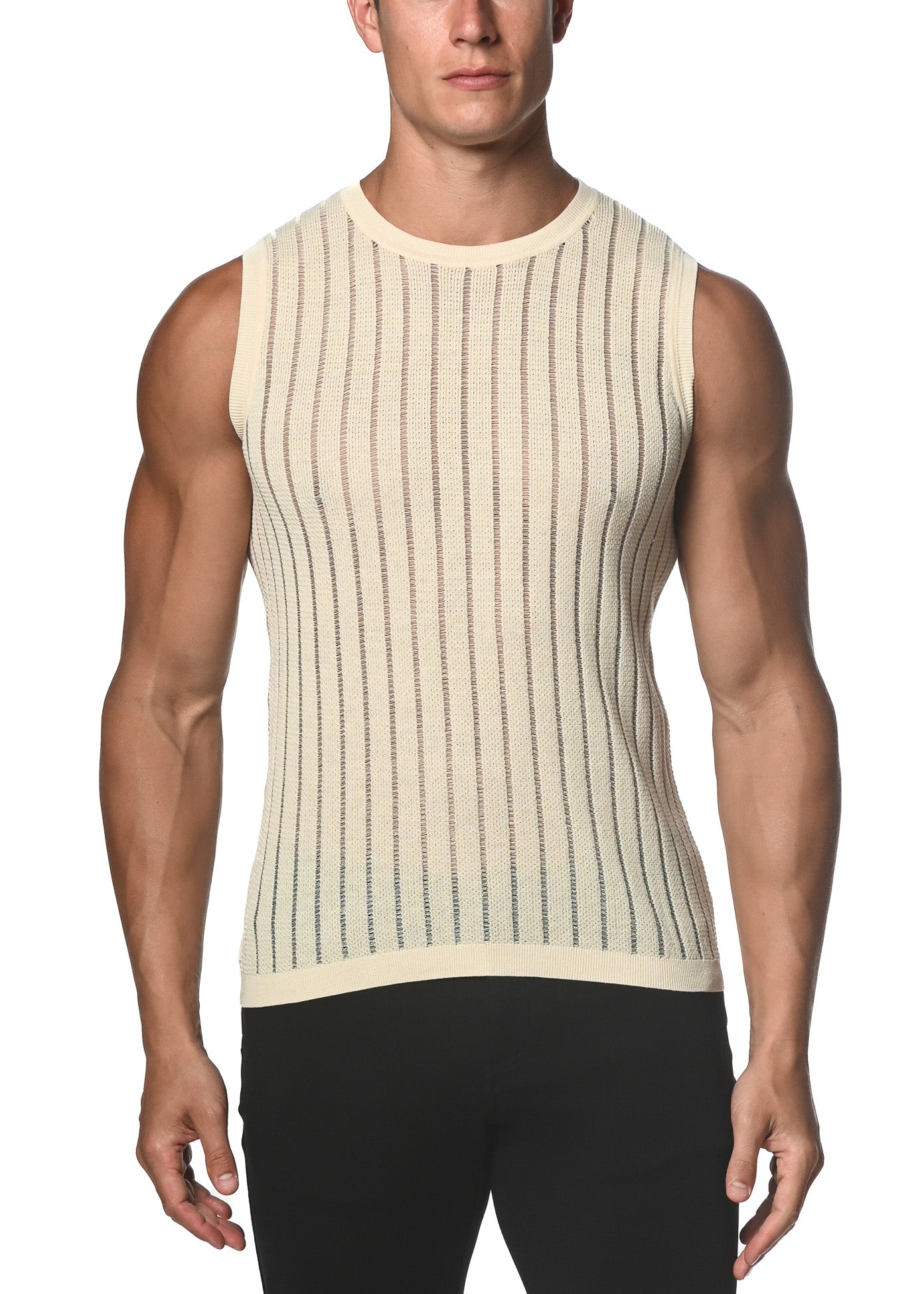 SAND SHEER VERTICAL STRIPE TEXTURED KNITTED VEST  ST-24018