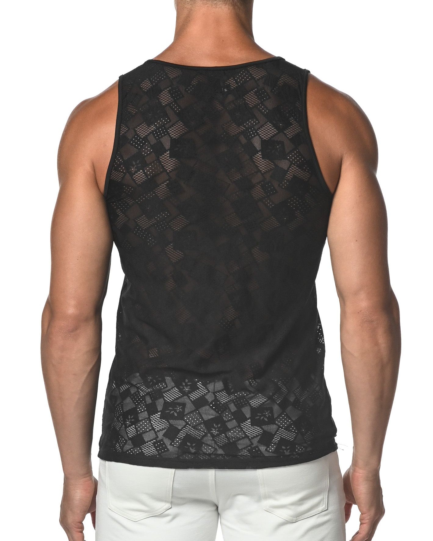 BLACK SQUARES STRETCH GOSSAMER LACE TANK TOP  ST-25006