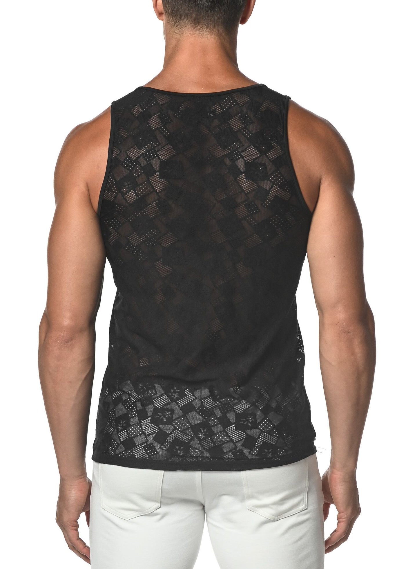 トップス ASKYURSELF OE SLEEVELESS TANK Black M BLACK SQUARES STRETCH GOSSAMER LACE TANK TOP ST-25006