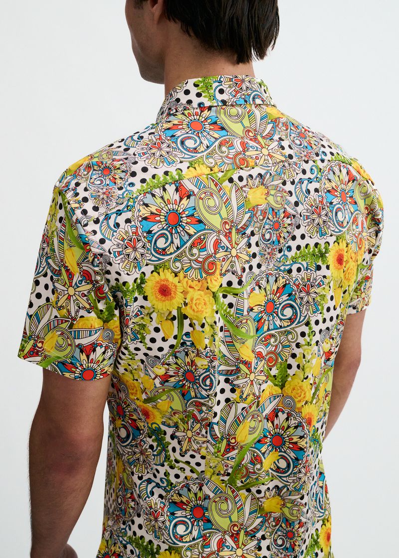 YELLOW/GREEN FLORAL DOTS PRINTED COTTON KNIT JERSEY SHORT SLEEVE SHIRT ST-9365