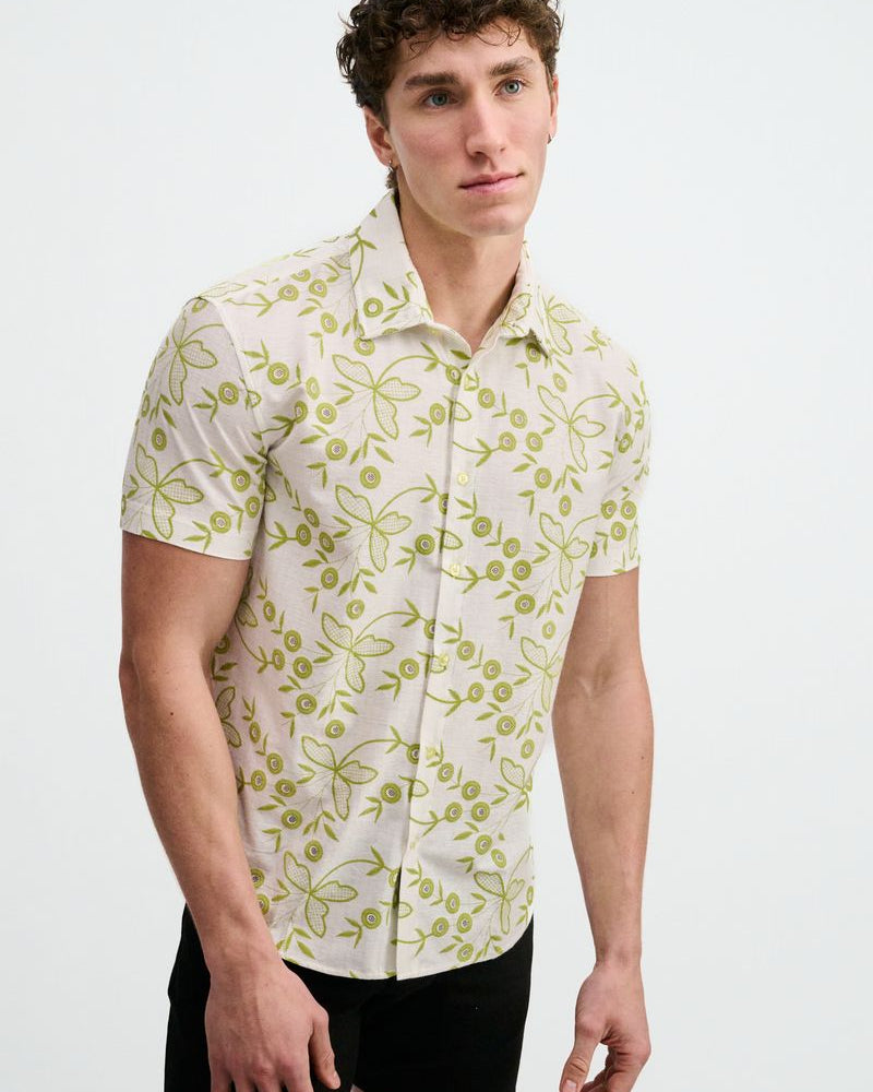 IVY/WHITE PRINTED STRETCH EYELET KNIT SHORT SLEEVE SHIRT ST-24077