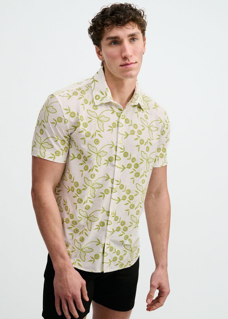 IVY/WHITE PRINTED STRETCH EYELET KNIT SHORT SLEEVE SHIRT ST-24077