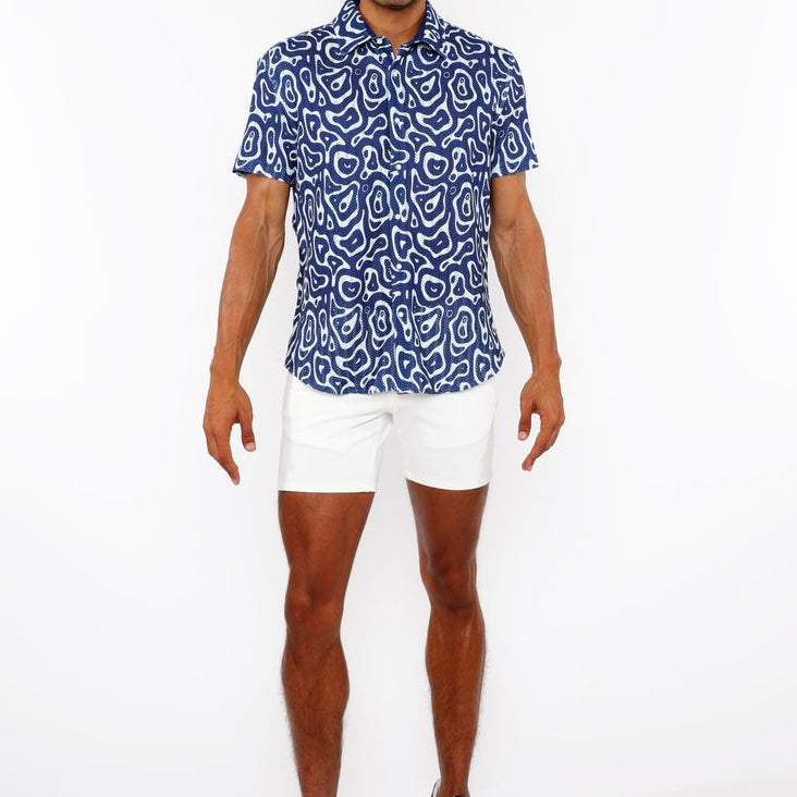 FRENCH BLUE SQUIGGLY PRINTED OPEN KNIT STRETCH SHORT SLEEVE SHIRT ST-48070