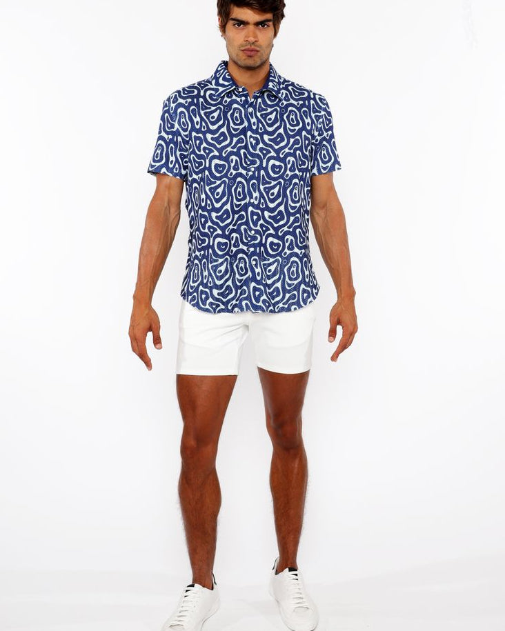 FRENCH BLUE SQUIGGLY PRINTED OPEN KNIT STRETCH SHORT SLEEVE SHIRT ST-48070
