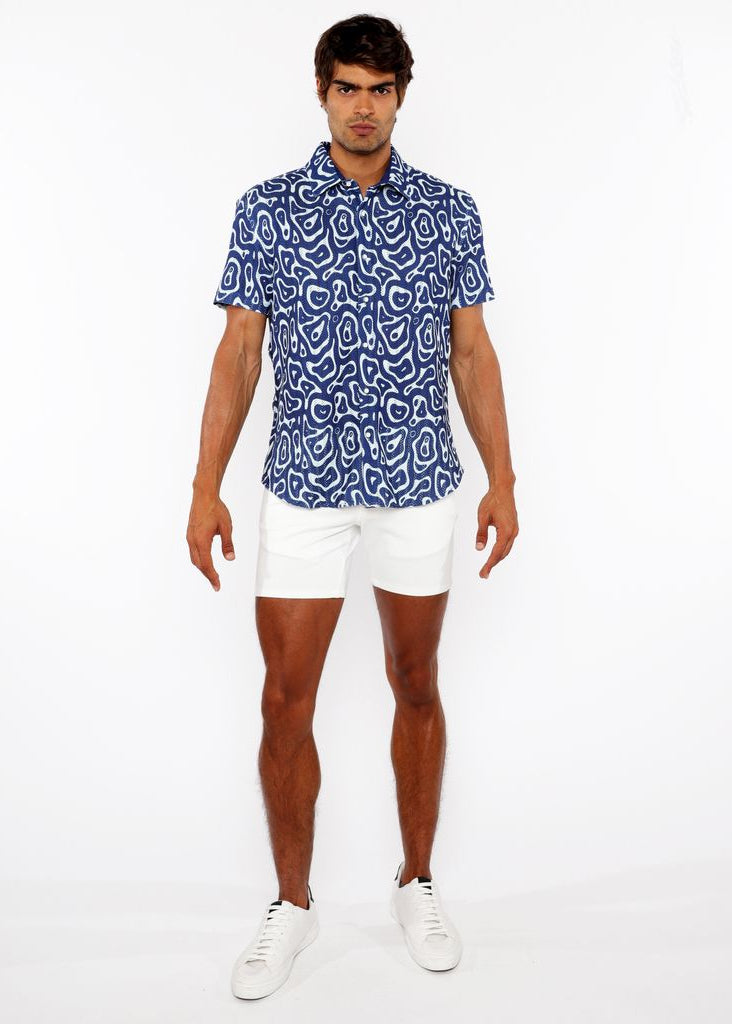 FRENCH BLUE SQUIGGLY PRINTED OPEN KNIT STRETCH SHORT SLEEVE SHIRT ST-48070