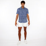 FRENCH BLUE SQUIGGLY PRINTED OPEN KNIT STRETCH SHORT SLEEVE SHIRT ST-48070