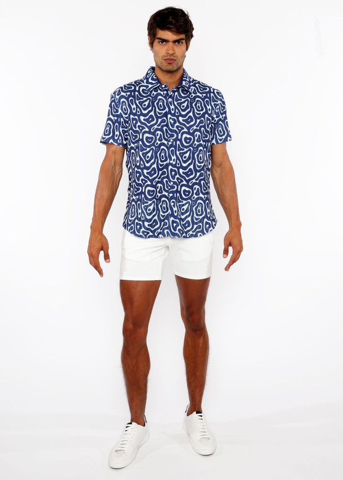 FRENCH BLUE SQUIGGLY PRINTED OPEN KNIT STRETCH SHORT SLEEVE SHIRT ST-4