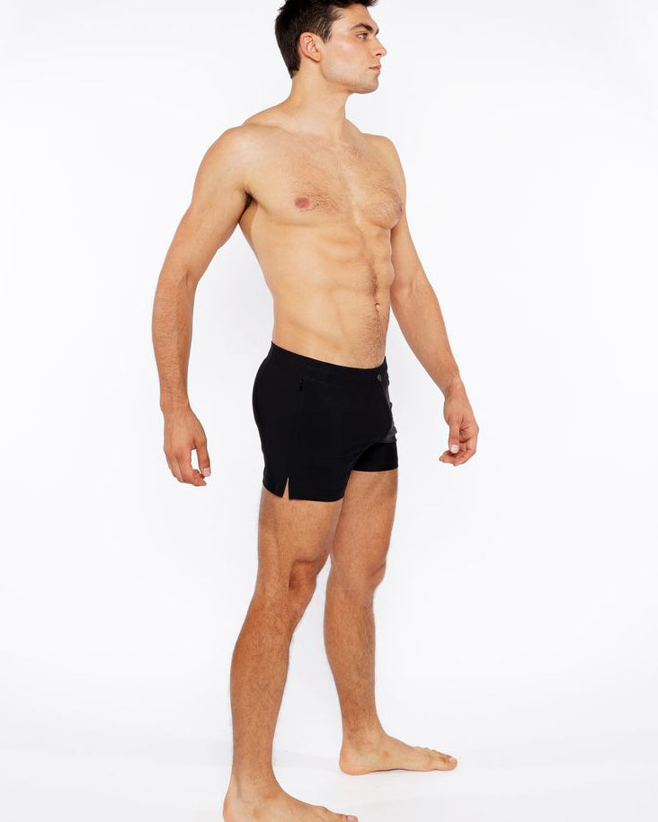 BLACK PINSTRIPE SWIM SHORT W/MESH BRIEF LINING ST-8024-07