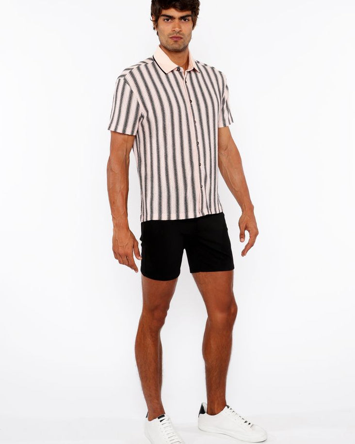 CANDY/MIDNIGHT STRIPE STRETCH OPEN KNIT SHORT SLEEVE SHIRT W/RIB COLLAR ST-24064
