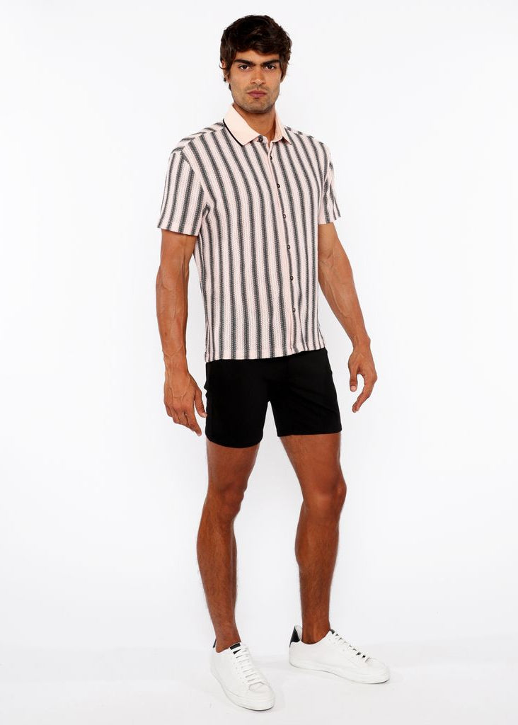 CANDY/MIDNIGHT STRIPE STRETCH OPEN KNIT SHORT SLEEVE SHIRT W/RIB COLLAR ST-24064